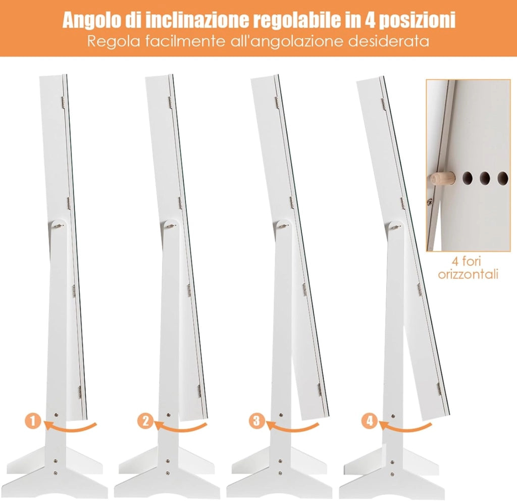 Armadietto Portagioie Specchiera per Gioielli, Armadio per Gioielli 2 in 1 con Grande Capacità, 4 Angoli Regolabili, 41 x 36,5 x 146 cm (Bianco)