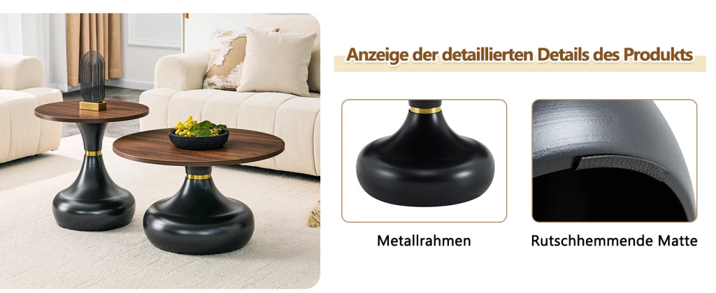 Tavolini bassi impilabili con 2 piani rotondi, base in metallo, stile moderno, per soggiorno, effetto noce nero