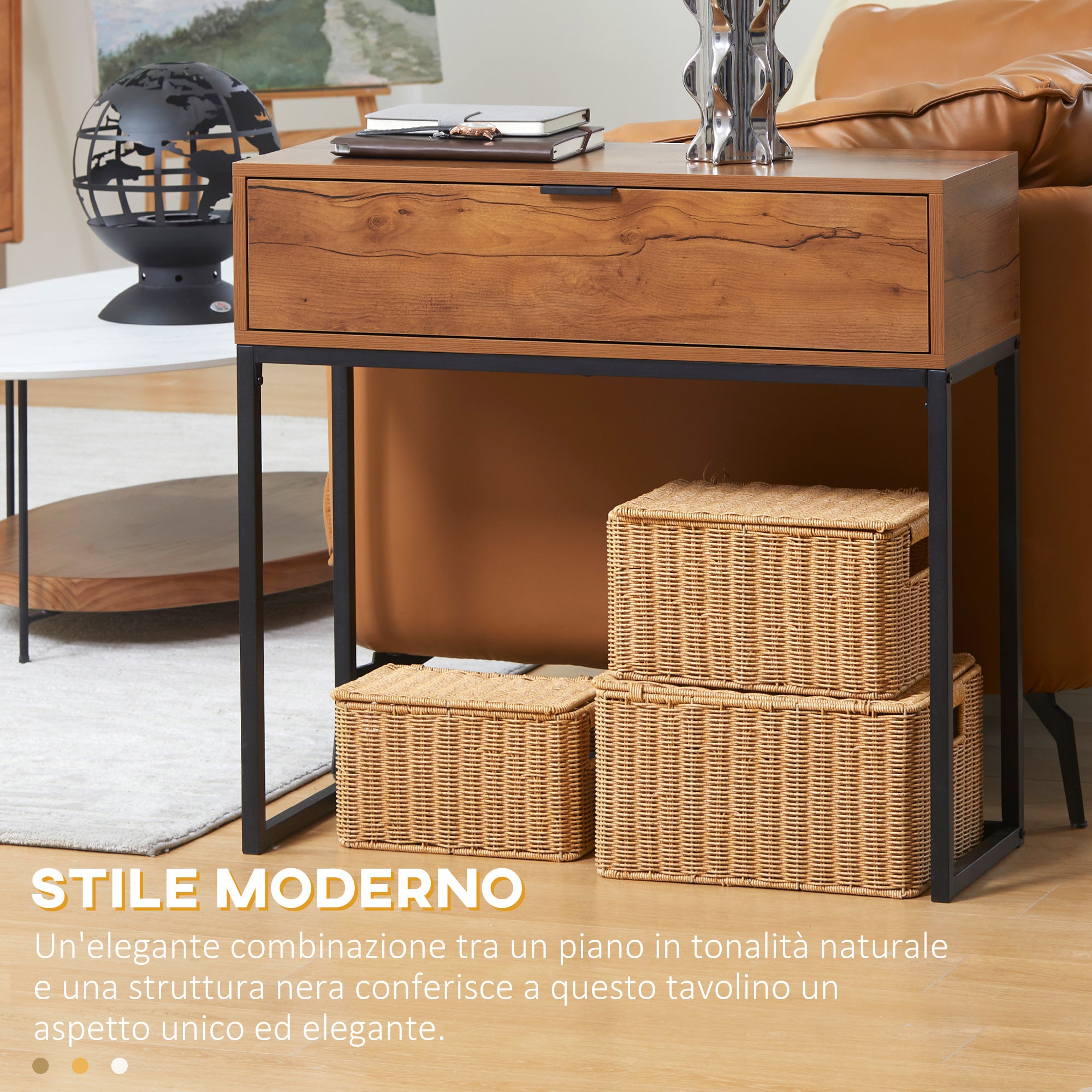 Consolle da Ingresso 80x30x76 cm con Cassetto con Gambe in Metallo Color Legno e Nero