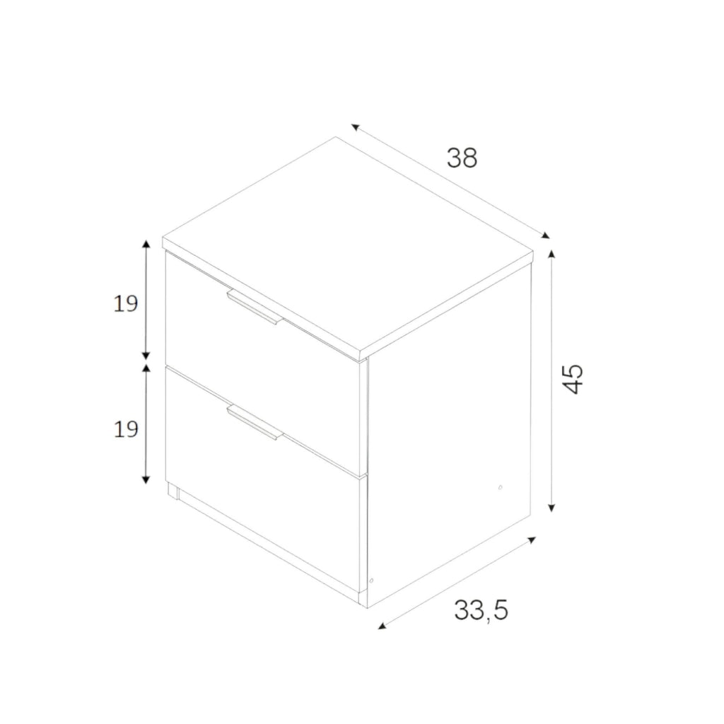 Comodino Artiglio, Comodino moderno a 2 cassetti, Tavolino da notte, ComÒ² basso per camera da letto, cm 38x34h45, Rovere