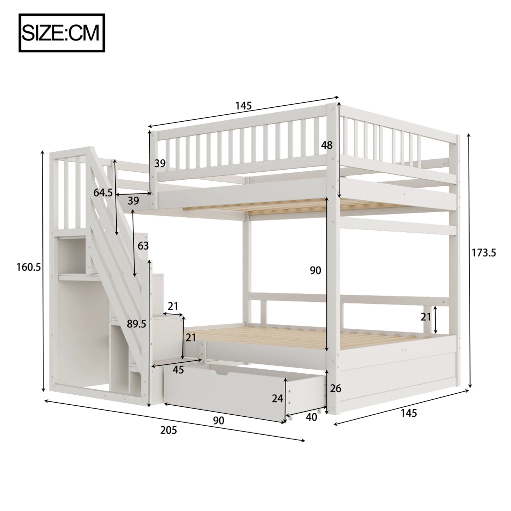 DESMIU Letto a Castello 2 Posti con Scala Contenitore, Cassetto e Sponde Alte, 140 × 200 cm, Senza Materasso
