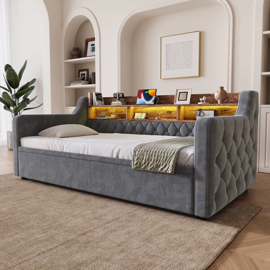 Letto divano estraibile 90 × 190 cm con contenitore, illuminazione LED, USB e Type-C, senza materasso, grigio scuro