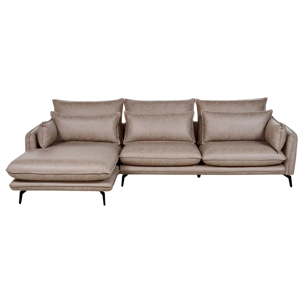 Divano angolare Marrone chiaro Rivestimento in tessuto finto scamosciato Gambe in metallo Mano destra Divano a 3 posti Schienale decorativo Cuscini da lancio Moderno