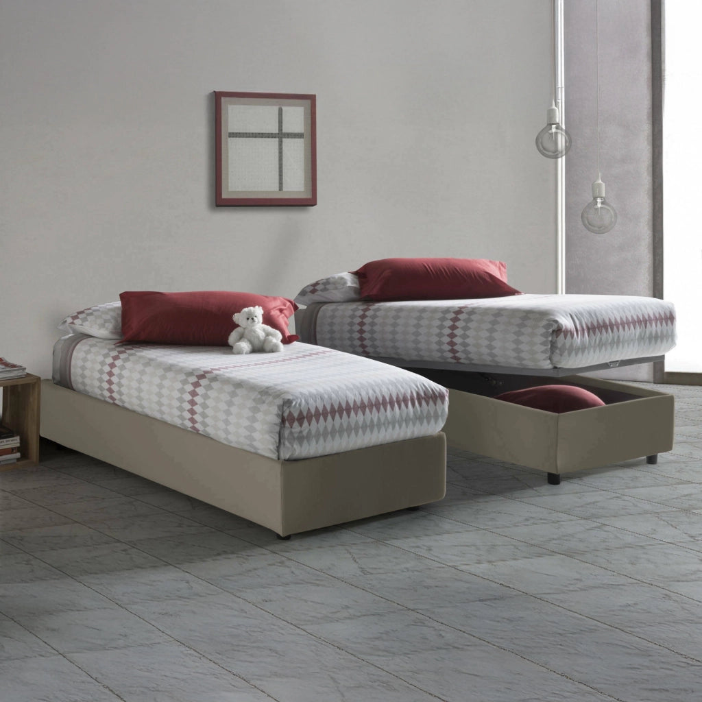 Letto singolo Artesh, Letto contenitore con rivestimento in ecopelle, Made in Italy, Apertura frontale, adatto per materasso cm 80x200, Tortora
