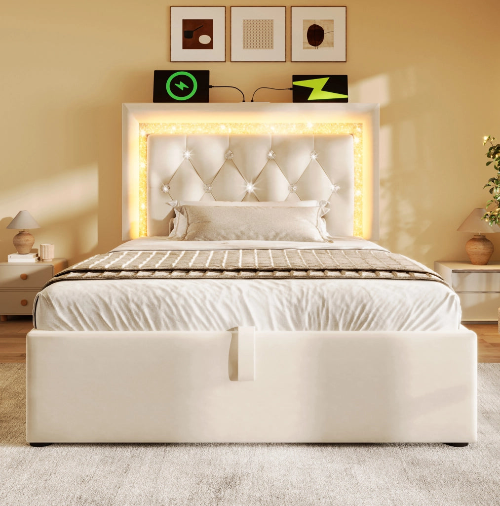 Letto singolo 90x200 cm in velluto beige con LED integrato; USB e Type-C; contenitore
