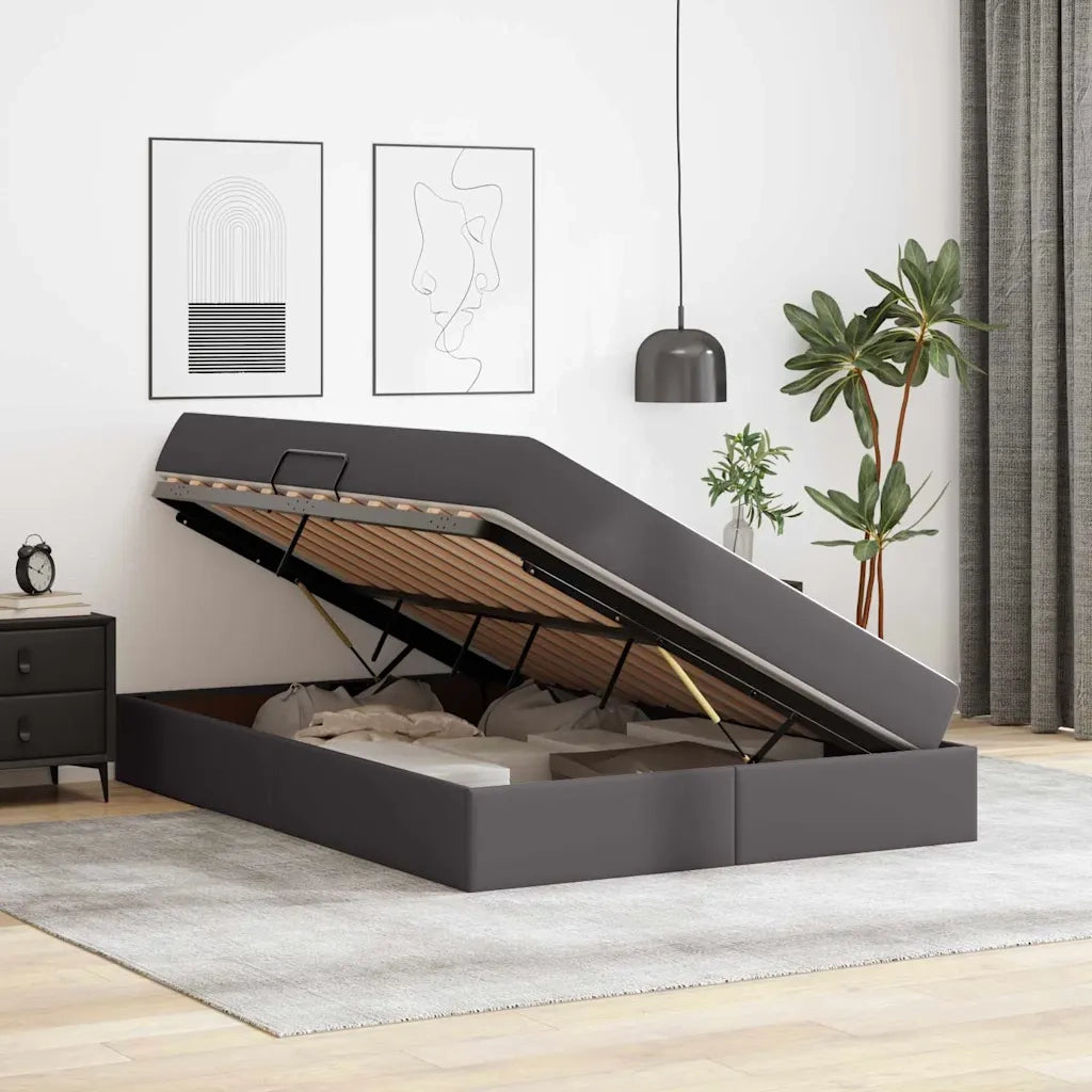 Letto con contenitore e materasso 2 pcs Grigio Pelle