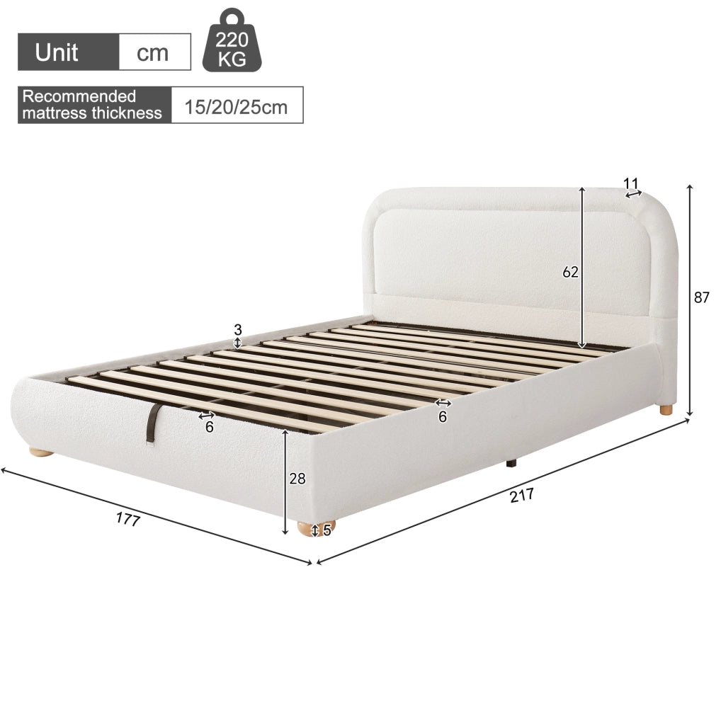Letto 160x200 cm con contenitore idraulico e rete a doghe in boucl¨¦ bianco