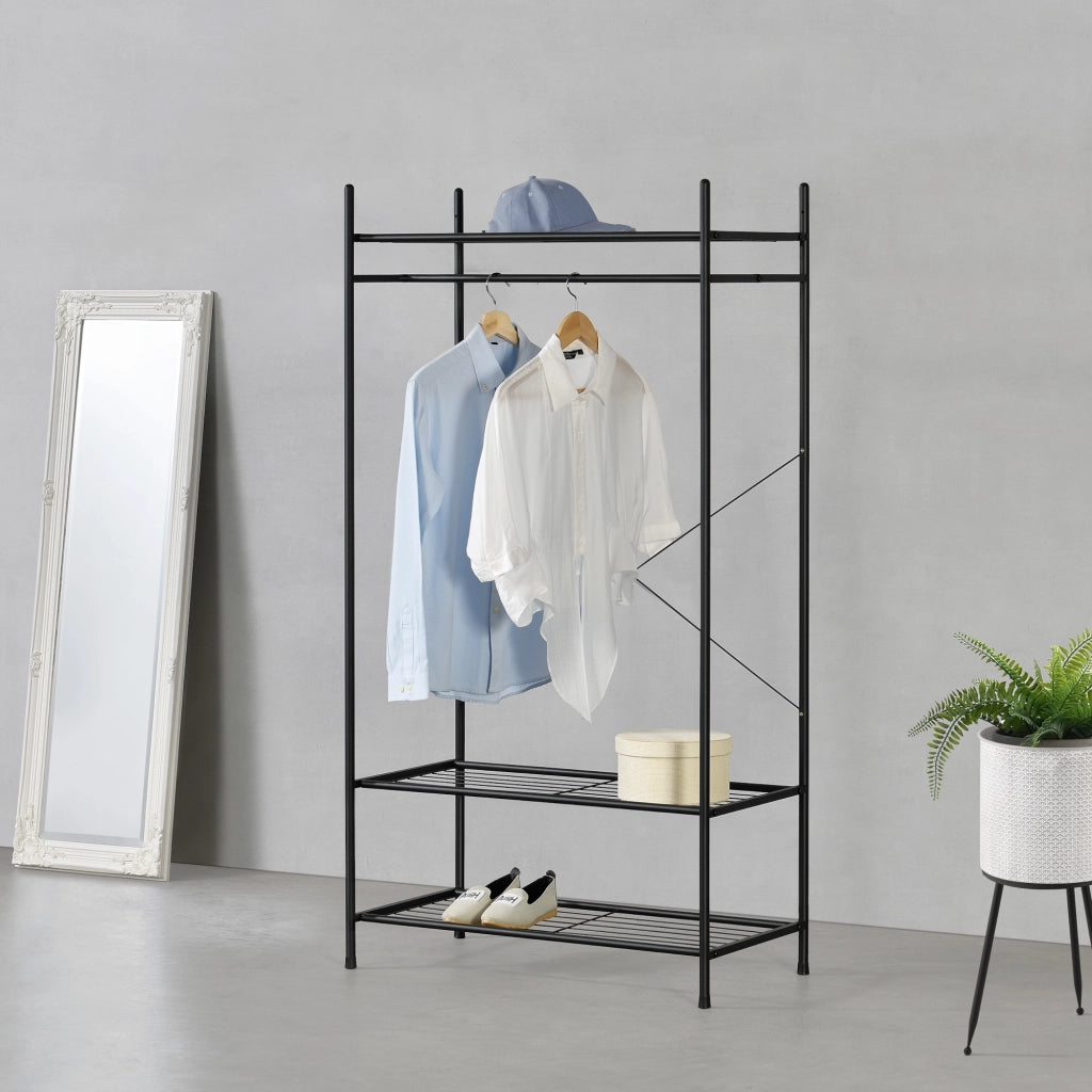Organizzatore Guardaroba, Scaffalatura con Asta Appendiabiti e 3 Ripiani, Cabina Armadio Senza Ante (AxLaxP) 150 x 80 x 40 cm - Nero, Metallo