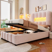 Letto imbottito 90x200 cm con contenitore, LED e testiera regolabile