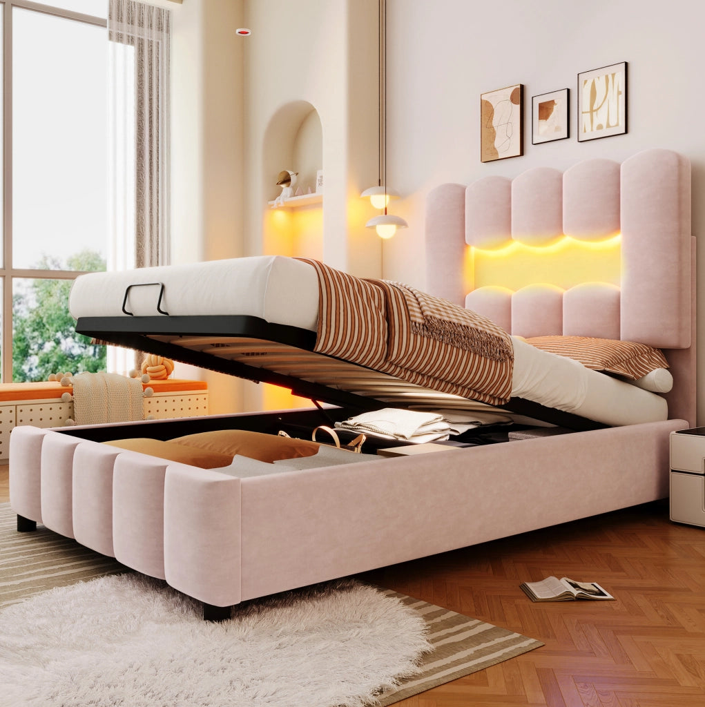 Letto imbottito 90x200 cm con contenitore, LED e testiera regolabile