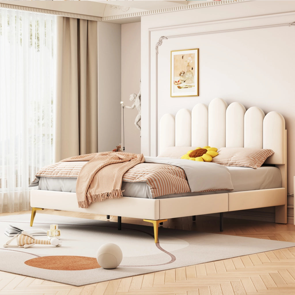 Letto imbottito matrimoniale 140×200 cm con testiera regolabile e rete; senza materasso; beige