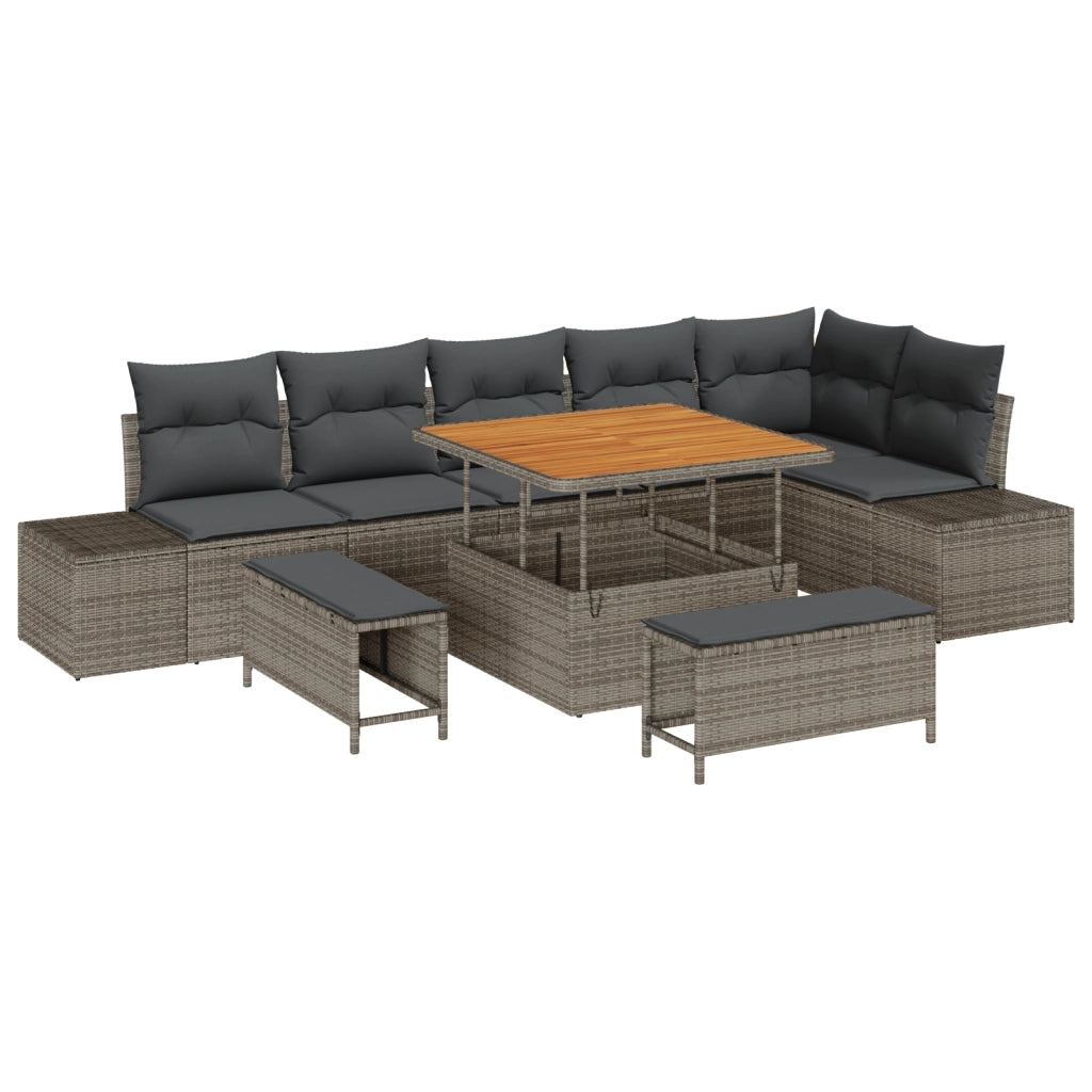 Set divano da giardino 9 pezzi con cuscini in polyrattan grigio e acacia