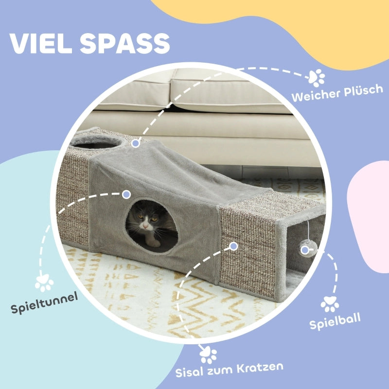 Tiragraffi per gatti con tunnel e due cucce interne in peluche, design combinato in poliestere marrone 98 × 30 × 30 cm