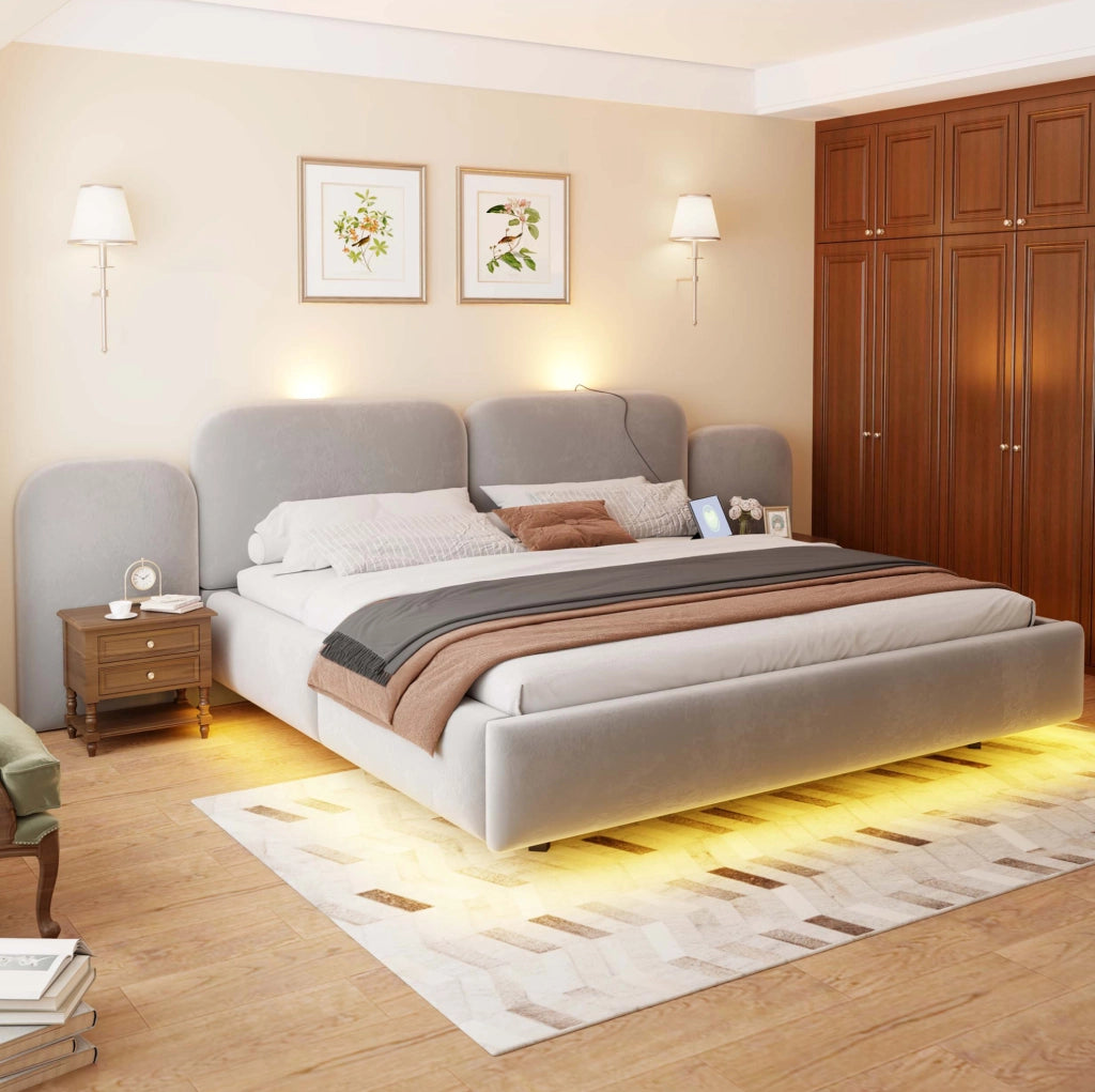 Letto imbottito 180x200 cm con contenitore idraulico, LED RGB e USB-C in velluto grigio