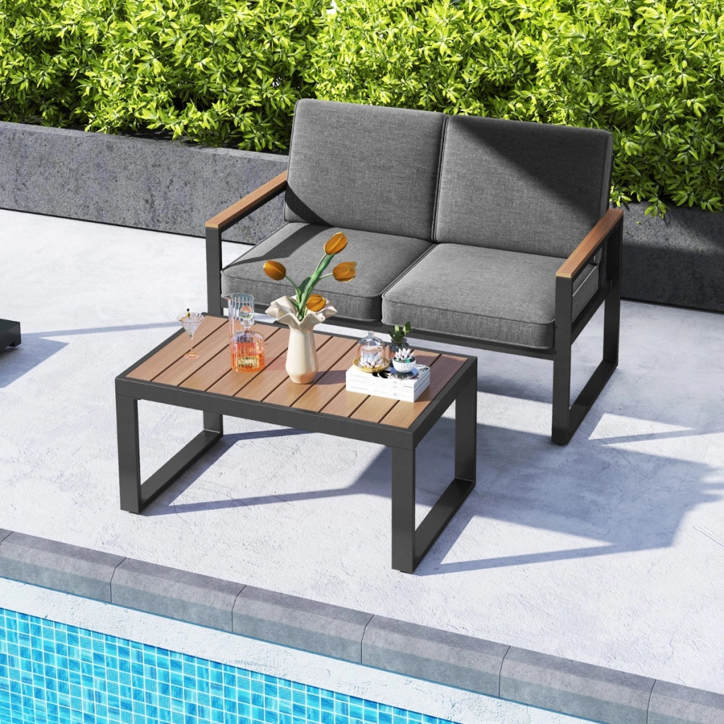 Set da giardino in alluminio a 2 pezzi da esterno, Set da conversazione con braccioli e piano in Legno-Plastica