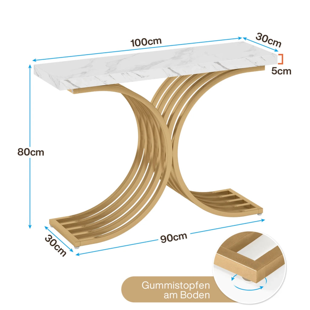Consolle con piano effetto marmo e struttura in metallo dorato per ingresso e soggiorno bianco e oro 100 × 30 × 80 cm