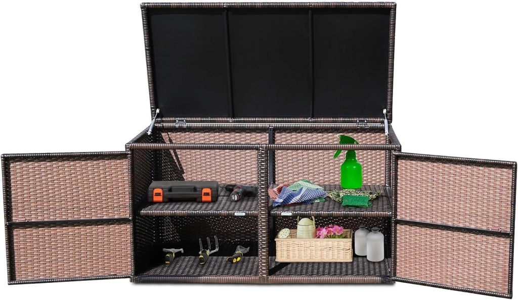 Cassapanca Per Esterni in Metallo e PE Rattan, Ideale Per Tenere in Ordine, 310 L,115 x 60 x 65/120 cm, 2 Colori (Marrone)