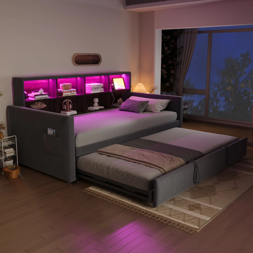 Letto Estraibile Singolo con Ripiani Testiera; LED; USB e Tipo C; 90×190 cm; senza Materasso; Grigio
