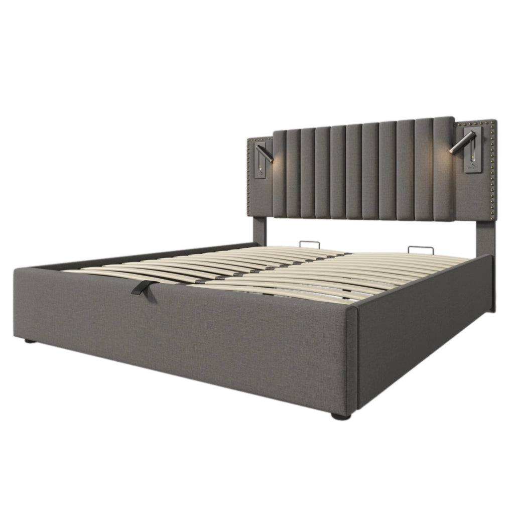 Letto matrimoniale 140x200 cm con contenitore; testiera regolabile; luce da lettura e porte USB; grigio