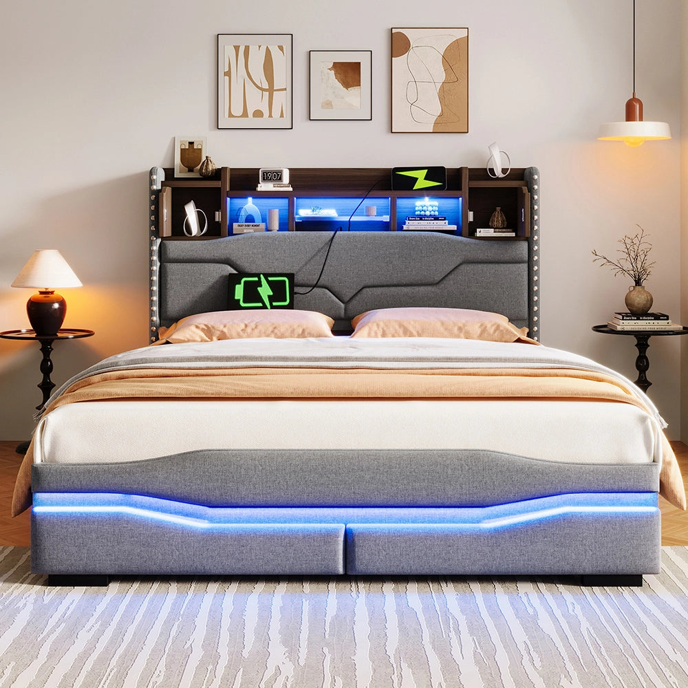 Letto matrimoniale-Xylo-140x200 cm-USB, LED, testiera con ripiano, idraulico, velluto grigio