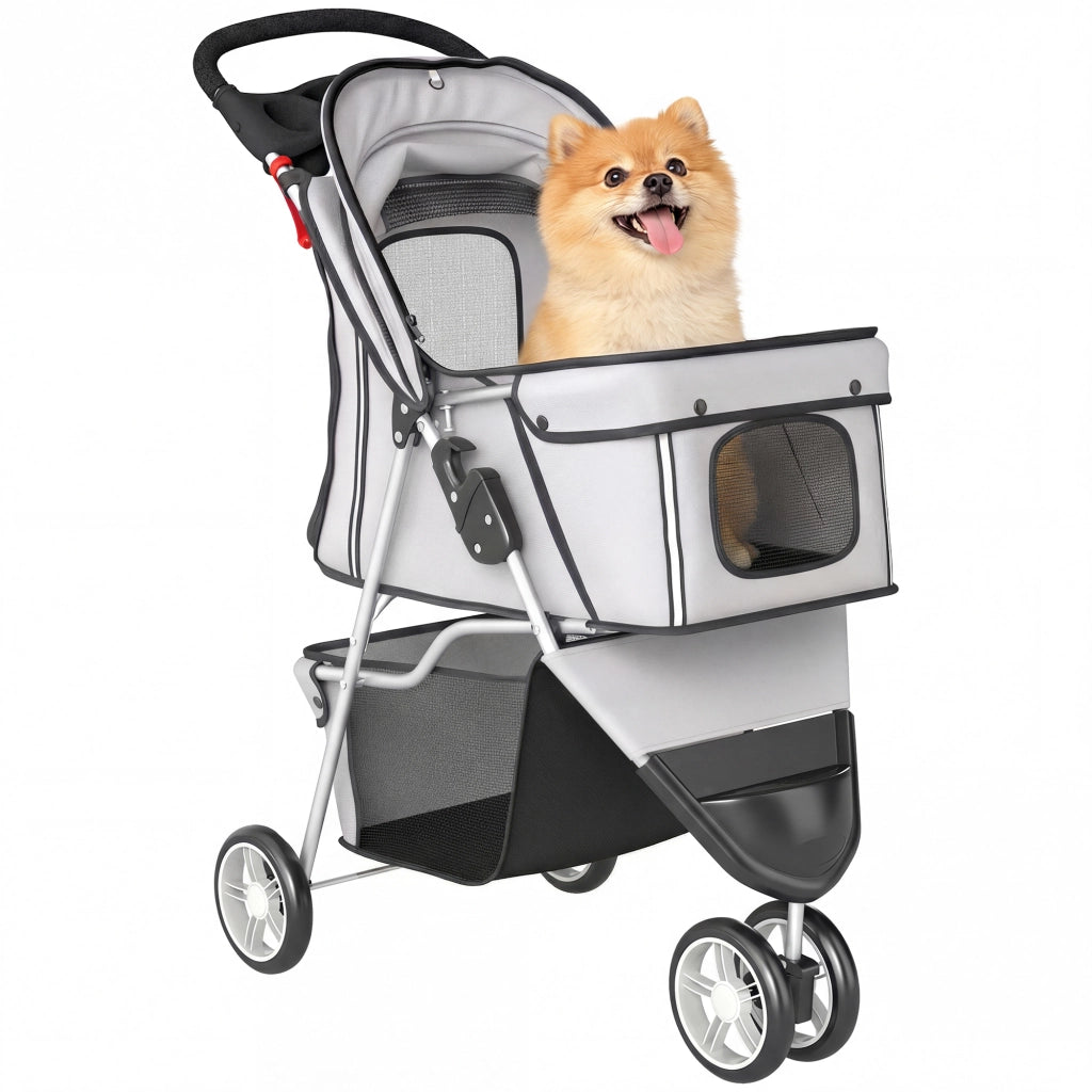 Carrello per Cani 4 Ruote Pieghevole con Coperchio Regolabile e Cestino ¨C Zephmum ¨C Grigio 77x44x102cm