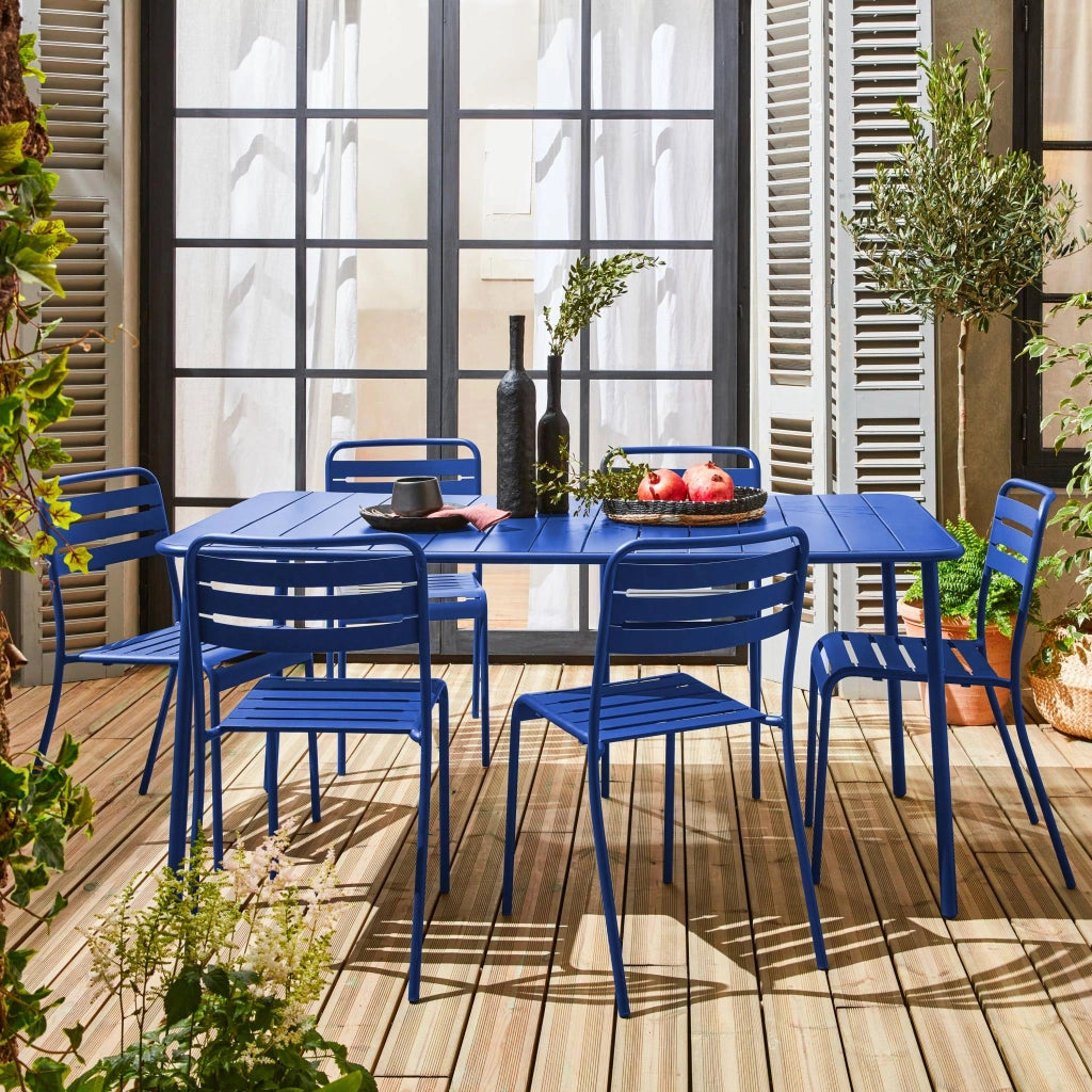 Set tavolo da giardino in acciaio con 6 sedie, 160cm, blu elettrico