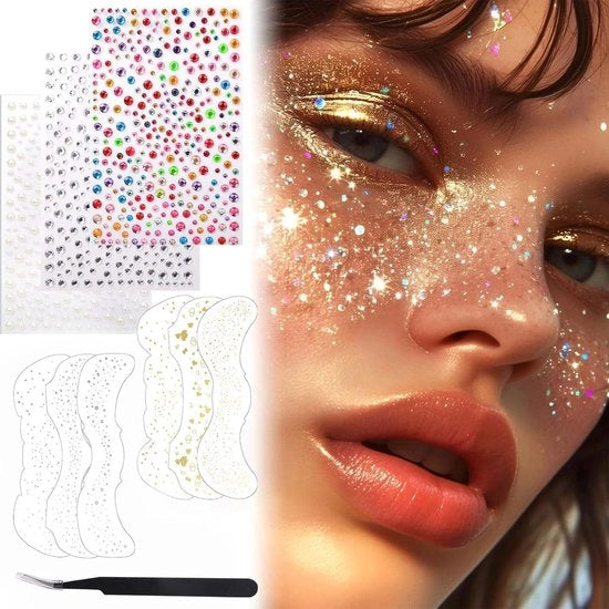 Set di tatuaaggi per il viso 9 pezzi con glitter in metallo argentato - punzoni per foratura a secco e adesivi per macchie di sole - pinza - feste e occasioni speciali