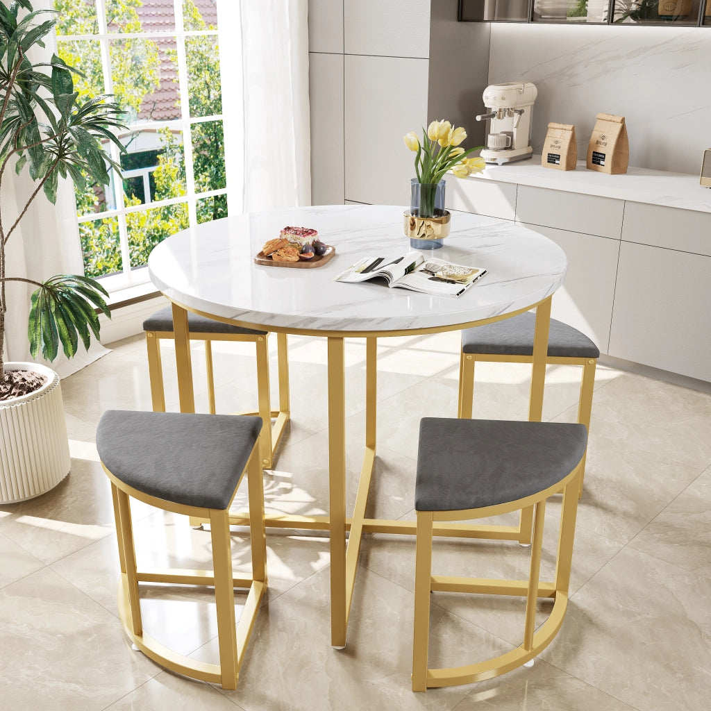 Tavolo da pranzo rotondo per 4 persone con 4 sedie, in MDF e metallo dorato, bianco e grigio, 80 × 80 × 75 cm
