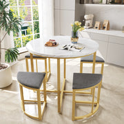 Tavolo da pranzo rotondo per 4 persone con 4 sedie, in MDF e metallo dorato, bianco e grigio, 80 × 80 × 75 cm