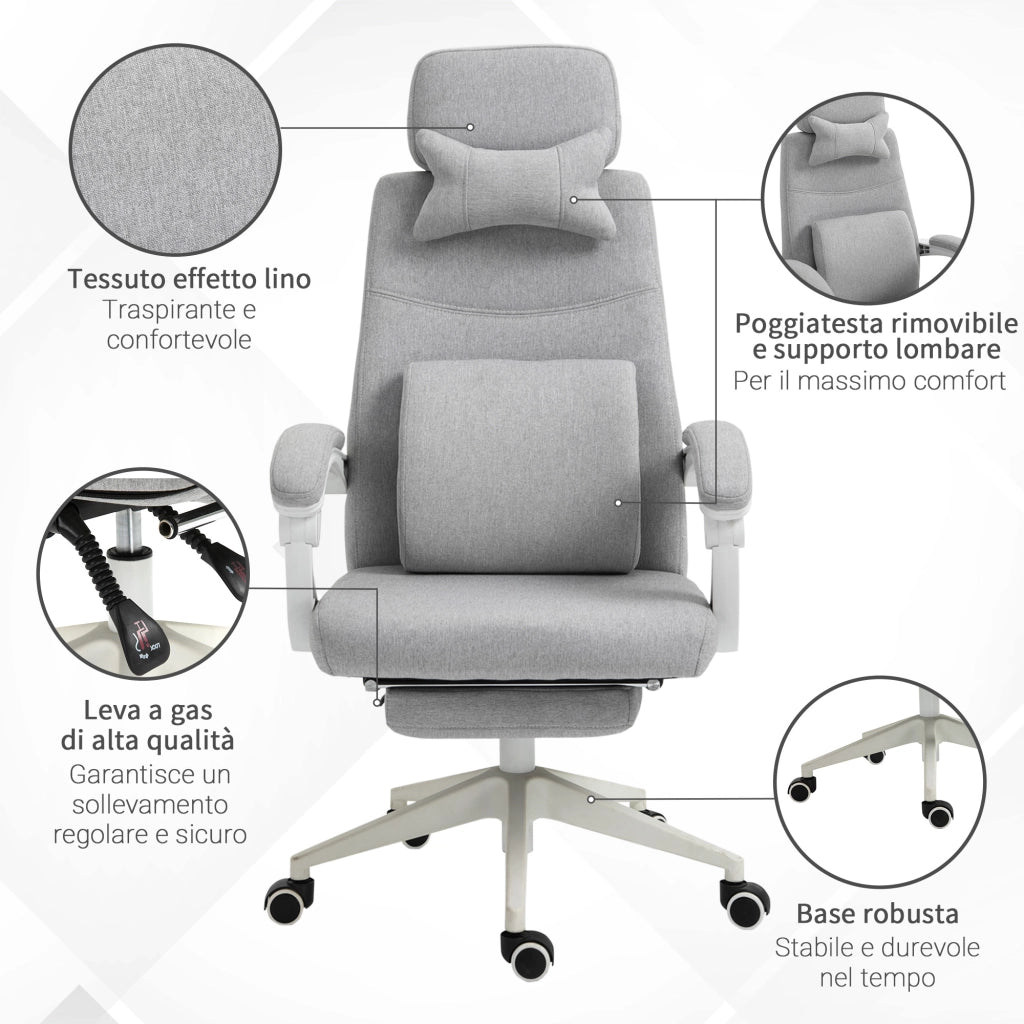 Sedia da Ufficio Ergonomica, Sedia da Scrivania con Rotelle, Cuscino Lombare, Poggiatesta e Poggiapiedi Estraibile, Grigia 62x68x117-127cm