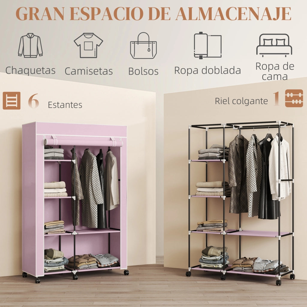 Armadio guardaroba portatile con ante in tessuto e ruote ¨C Xylo ¨C rosa 103x43x162cm