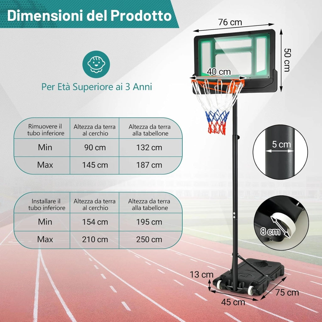 Canestro Basket da Interno ed Esterno Portatile e Regolabile in Altezza 90-210cm, Canestro da Basket per Bambini con Ruote, Incavo per Pallone e Tabellone Infrangibile