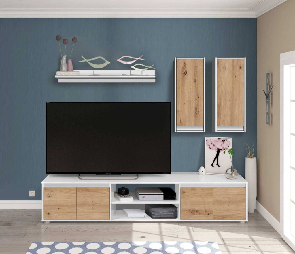 Parete attrezzata Astulo, Set da soggiorno, Mobile salotto multiuso, Composizione per salotto moderno, 200x40h114 cm, Bianco e Rovere