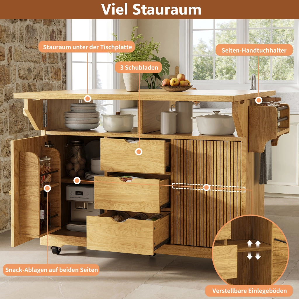 Carrello servitore con estensioni ribaltabili; altezza ergonomica 95 cm; 3 cassetti; marrone naturale