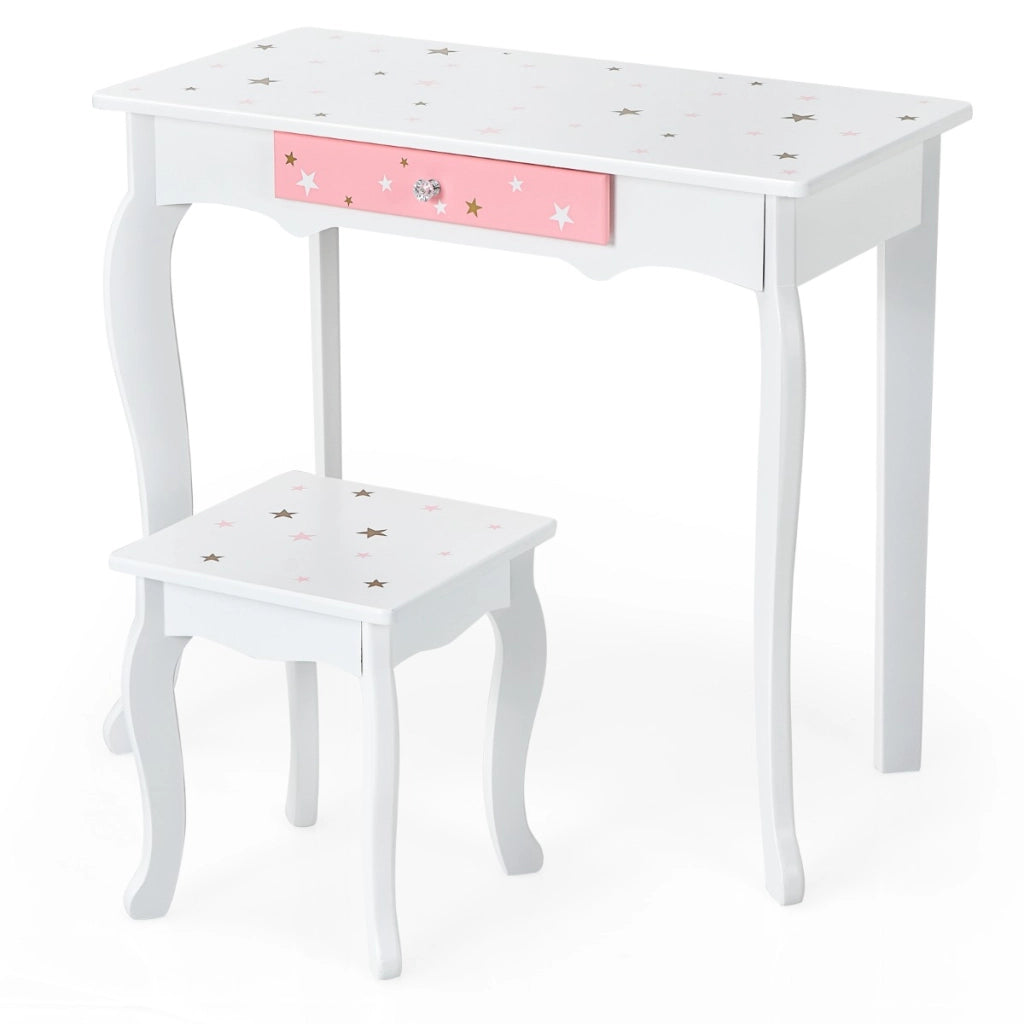 Set tavolo toeletta e sgabello per bambini con specchio tripartito, Set toeletta con stampe di stelle Bianco-Toelette per bimbi