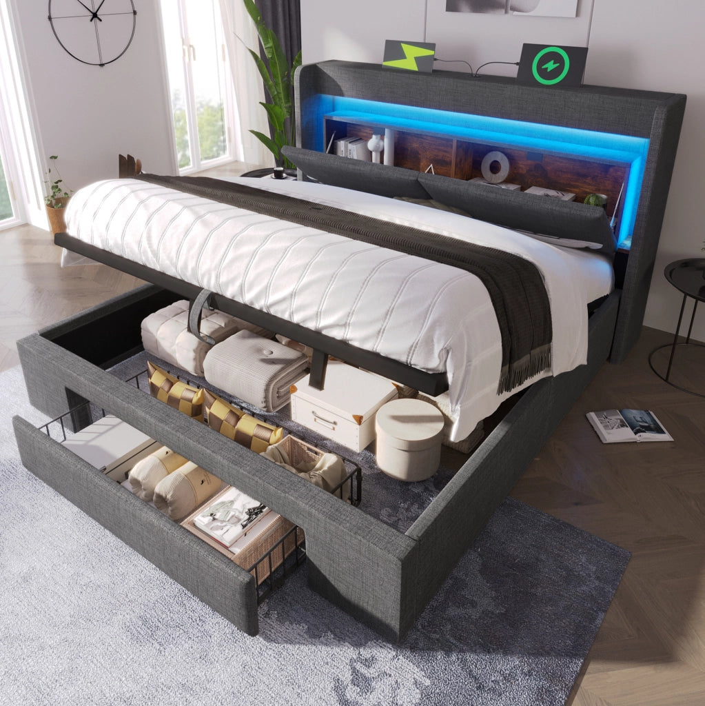 Letto imbottito 140x200 cm con contenitore idraulico; LED; USB e USB-C; lino grigio