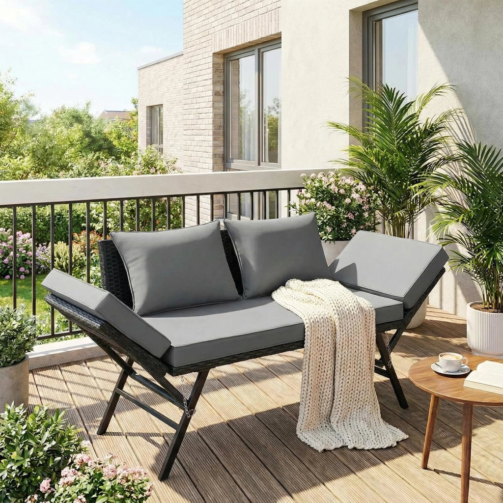 Divano Esterno Giardino in Polyrattan con Funzione Reclinabile, Divanetto da Esterno 2 Posti,Mobili da Giardino in Rattan,Divano in Polyrattan con Braccioli Regolabili,per Giardino,Terrazza (Nero)