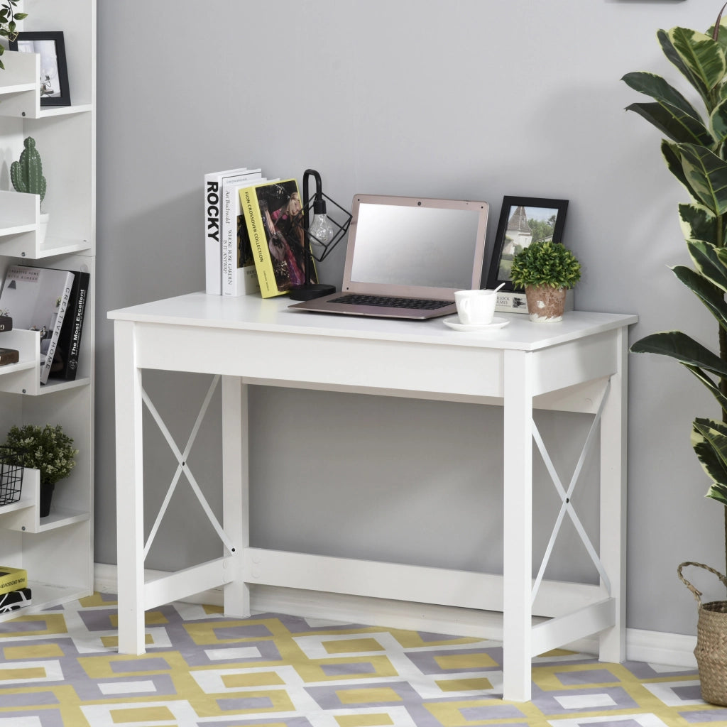 Scrivania porta PC dal Design Moderno e Minimal, in Legno e Acciaio, 105x50x76 cm, Bianco