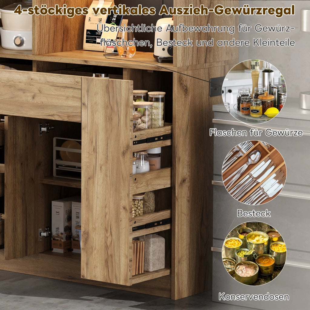 Credenza da cucina con LED e presa, ripiani regolabili, portabottiglie, MDF nero naturale 105 × 40 × 185 cm