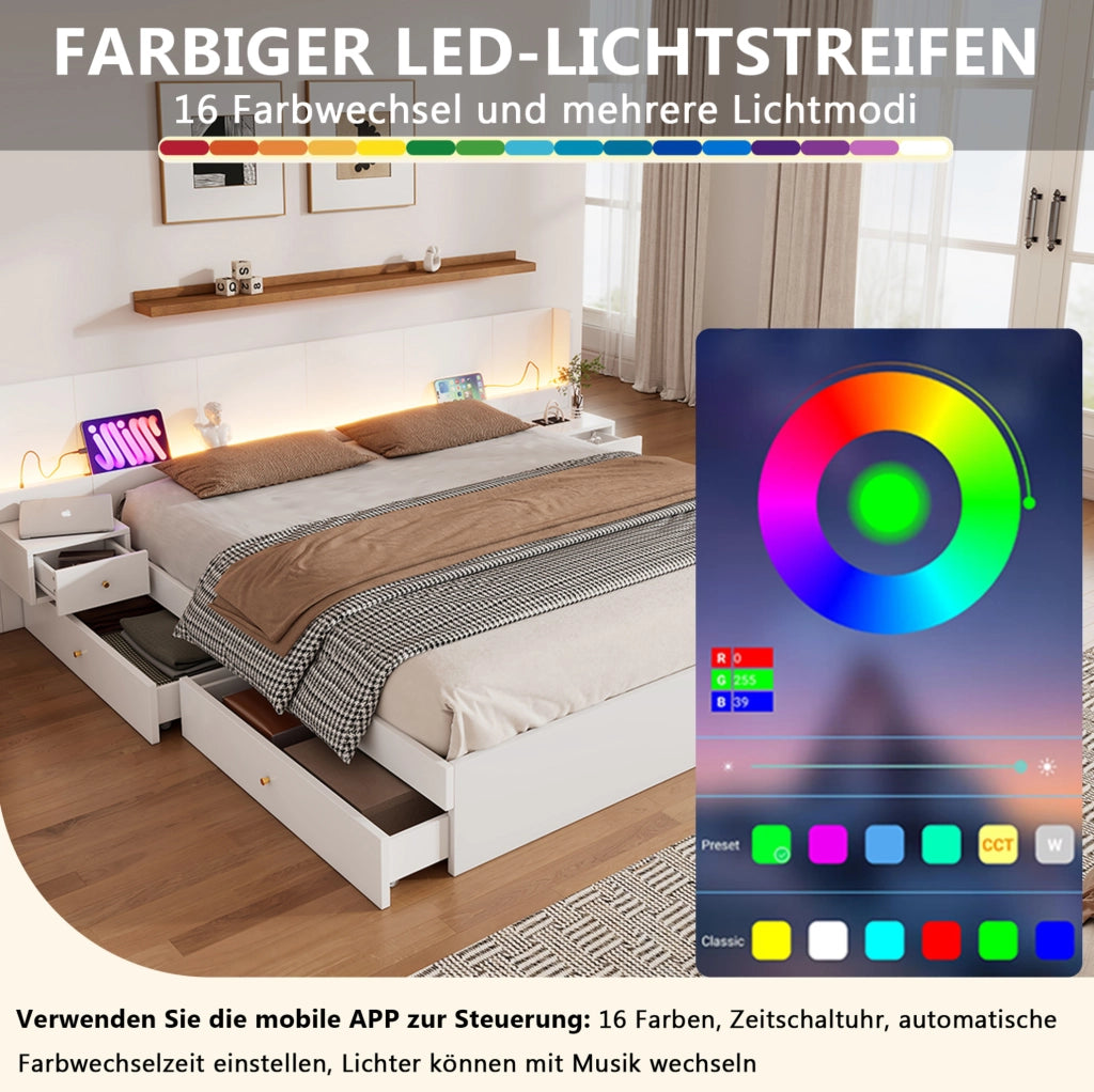 Letto matrimoniale 180x200 cm con LED; USB; presa; 2 comodini e 2 cassetti in MDF bianco