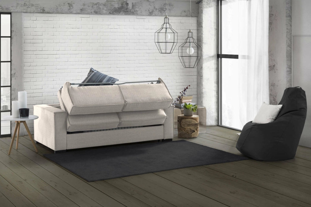 Divano Letto Adalberto, Divano a 3 posti, Made in Italy, SofÒ  Soggiorno con apertura girevole, in tessuto imbottito, con Braccioli slim, cm 200x95h90, Tortora