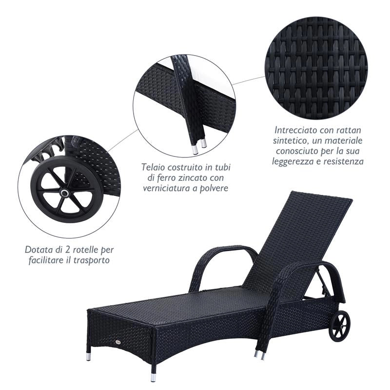 SET 2 SDRAIO LETTINO PRENDISOLE IN RATTAN CON MATERASSINO IMBOTTITO E TAVOLINO NERO