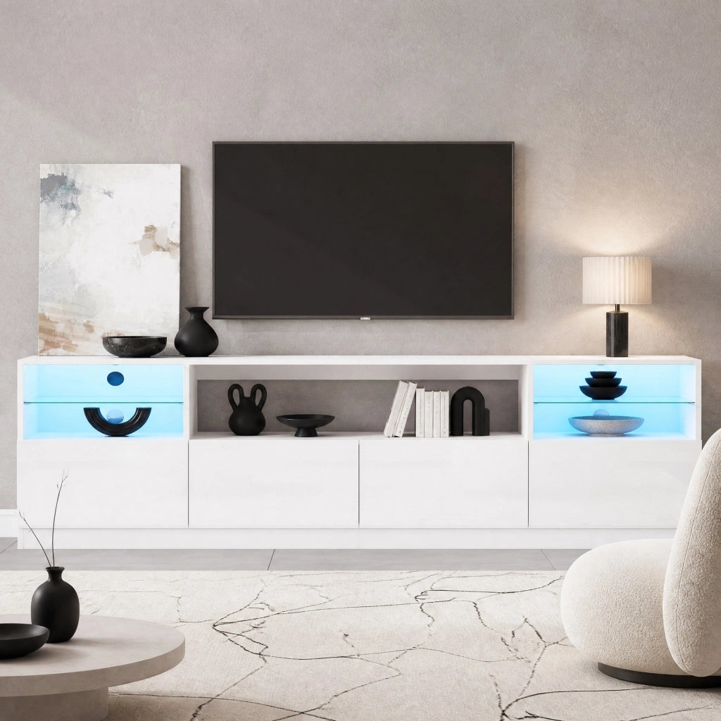 Mobile TV con illuminazione LED, 4 ante a battente, 8 vani contenitori, bianco lucido, 180 x 35 x 60 cm