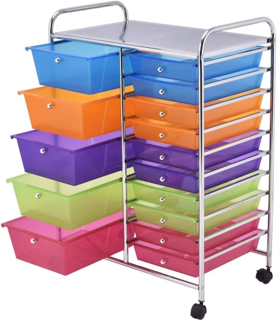 Carrello con 15 Cassetti Impilabili, Carrello di Stoccaggio con Ruote, Carello Portaoggetti per Casa e Ufficio, 62,5 x 37 x 87 cm (Multicolore)