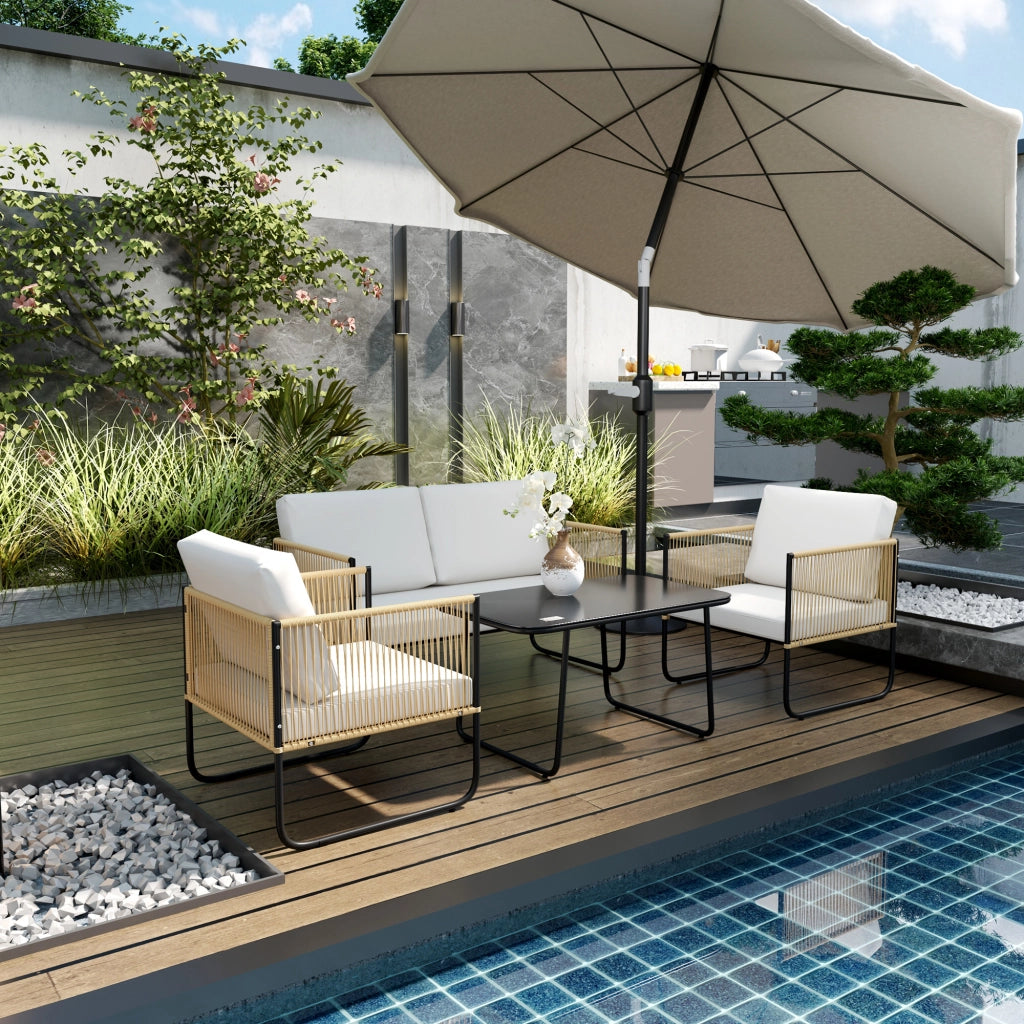 Set da Giardino 4 Pezzi in Rattan e Acciaio con Divanetto, 2 Poltrone da Esterno e Tavolino Basso, Multicolore