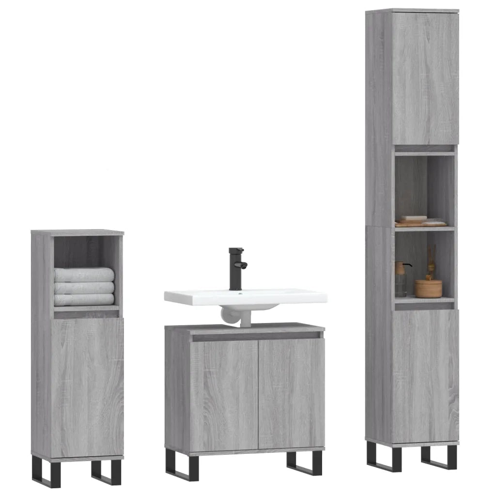 Set Mobili da Bagno | Armadio da bagno 3 pz Grigio Sonoma in Legno Multistrato