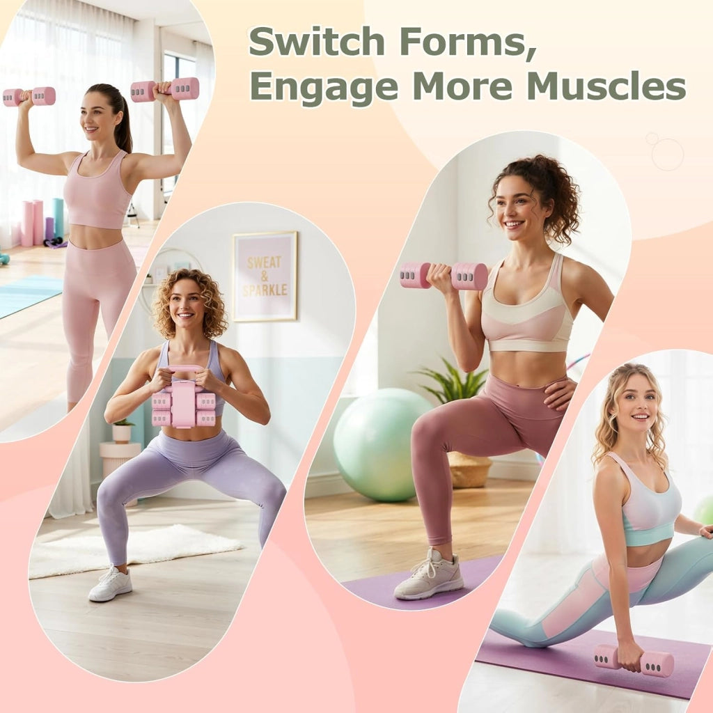 Set di 2 manubri regolabili 2 in 1, per donne e uomini, 4 livelli di peso con adattatore kettlebell, set di manubri per casa (Rosa)