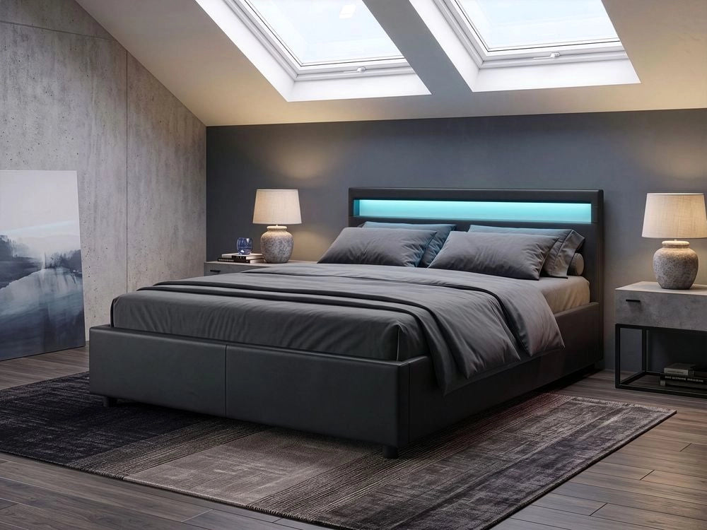 Letto matrimoniale in tessuto nero con LED 160 x 200 cm con contenitore elegante semplice