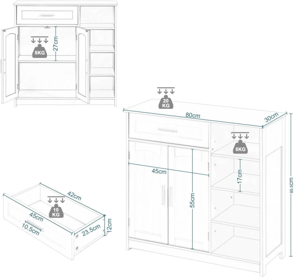 Mobile da Bagno Indipendente con 2 Ante 1 Cassetto 4 Ripiani Aperti, Regolabili in Altezza, Unità di Stoccaggio per Corridoio, Credenza da Cucina, 80x30x80,5 cm, Bianco