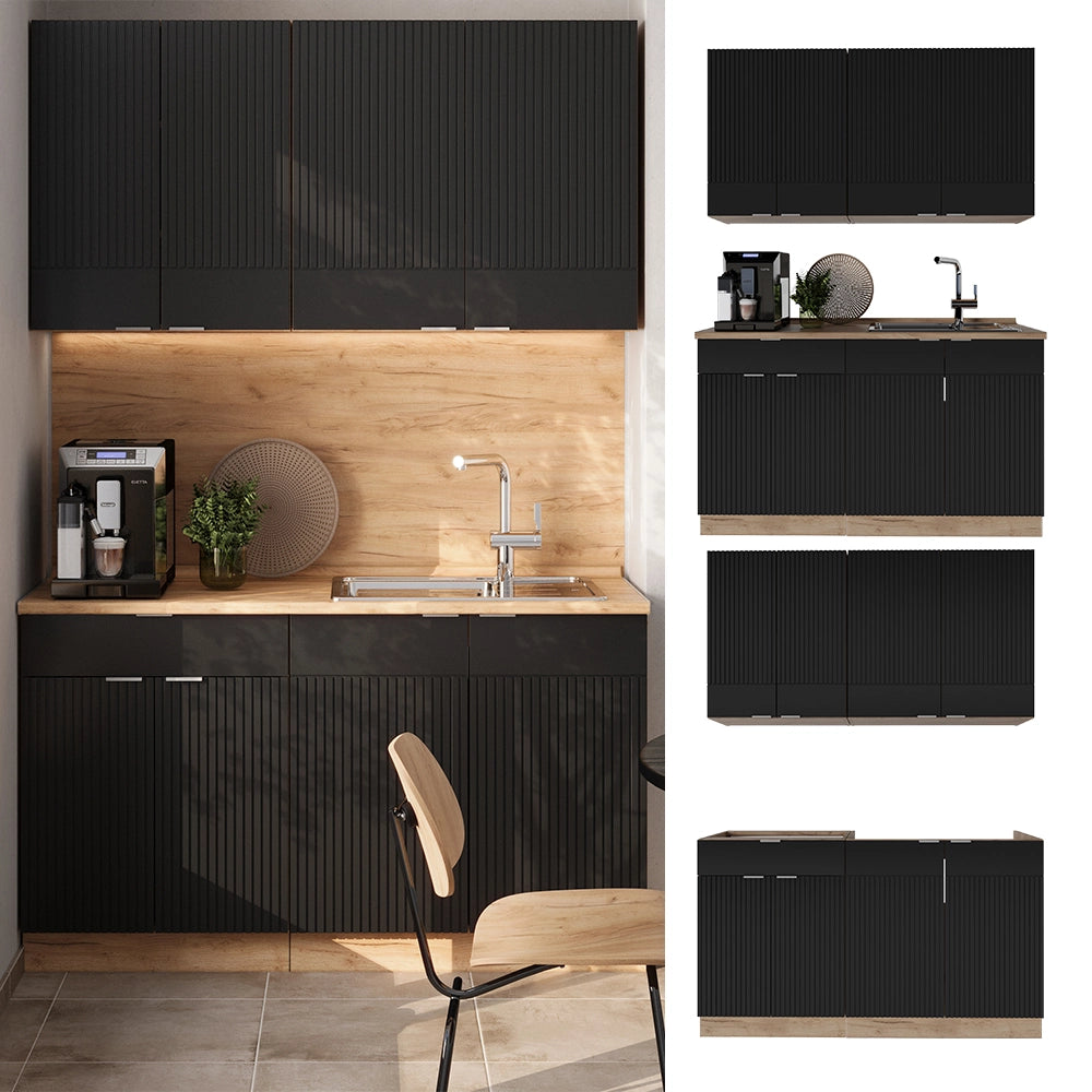 Cucina completa Fame-Line Nero rigato/Rovere dorato 140 cm, PL Antracite Vicco